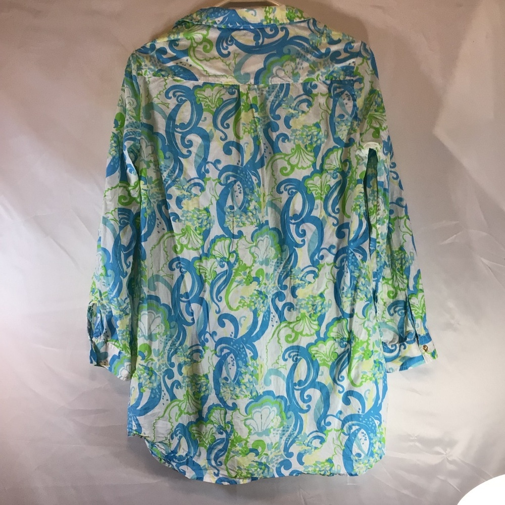 Lilly Pulitzer Small Tunic Top Blue Green Coastal Shell Swirl Cotton Resort - Picture 2 of 10